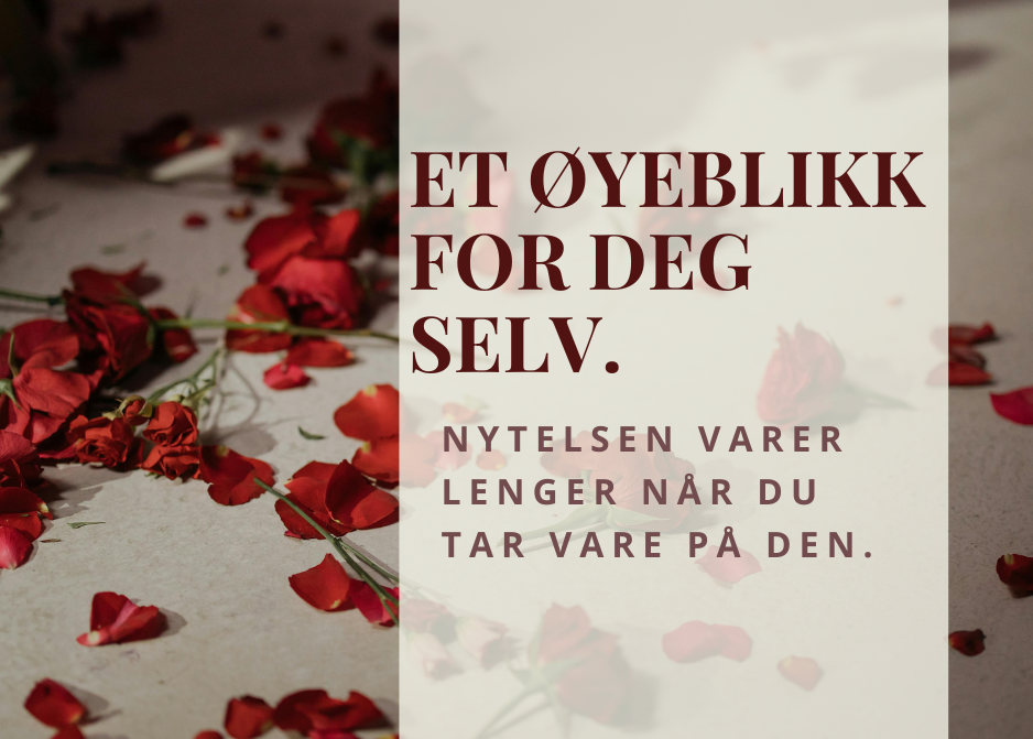 Røde roseblader strødd utover et lyst sengetøy, med tekst om egenomsorg og nytelse – symbol på intimitet, sensualitet og det å ta vare på seg selv